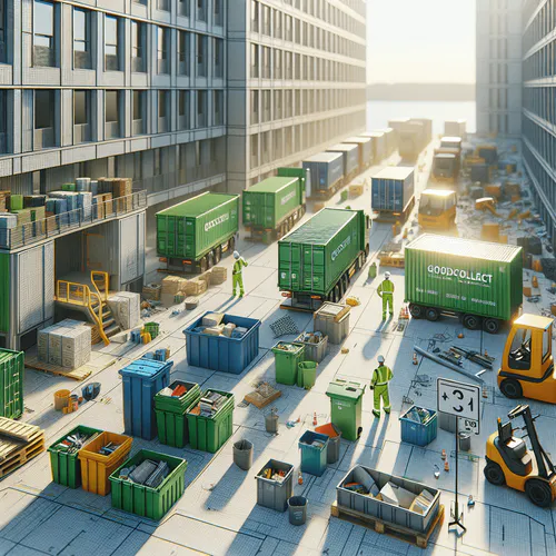 Spezialisierte Abbruch-Container auf einer städtischen Baustelle mit Sicherheitskennzeichnung und getrennten Behältern für Bau- und Abbruchabfälle