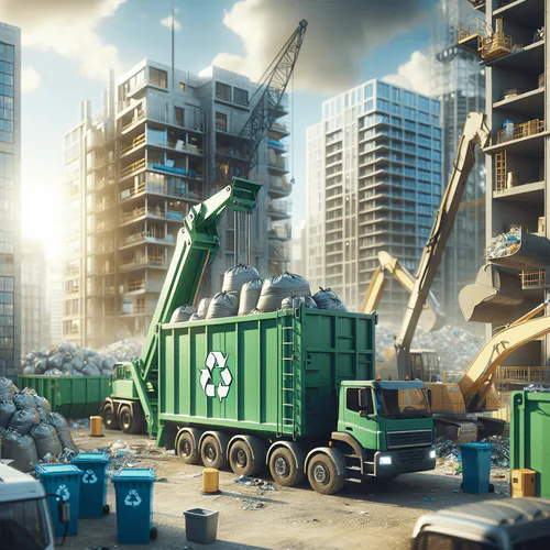 Baustelle mit Containern und Big Bags zur Entsorgung von Bauschutt, mit Lkw und Baggern bei der Abfalltrennung und Recyclingarbeit.