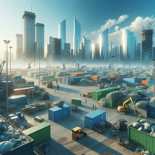 Mehrere Baustellencontainer und Lastwagen in einer modernen Bauumgebung, symbolisieren die Kalkulation von Preisen und Kosten für Bau- und Entsorgungscontainer