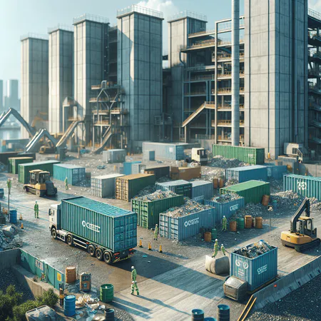 Logistikplatz mit grünen Containern, Gabelstaplern und Kränen vor Hochbauten – veranschaulicht Containerlogistik, Routenoptimierung und Telematik-gestütztes Echtzeit-Monitoring zur Serviceoptimierung