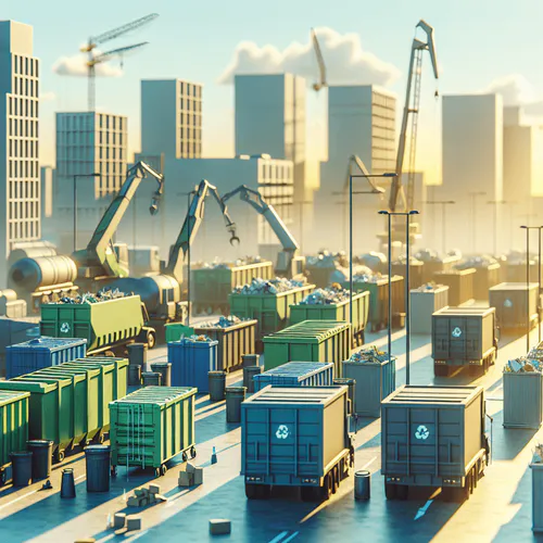 Illustration einer urbanen Baustelle mit gestapelten Bauschuttcontainern, Baggern und Lkws vor Skyline; zeigt verschiedene Containergrößen und -typen für den Artikel „Arten von Bauschuttcontainern: Der vollständige Leitfaden zur richtigen Auswahl“