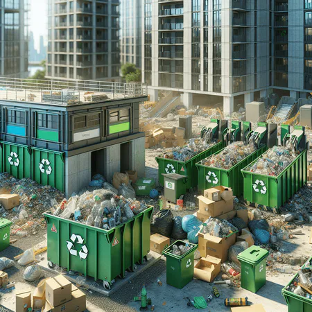 Bauarbeiter trennen Baustellenabfälle wie Bauschutt, Holz und Kunststoff in farblich gekennzeichnete Container auf der Baustelle