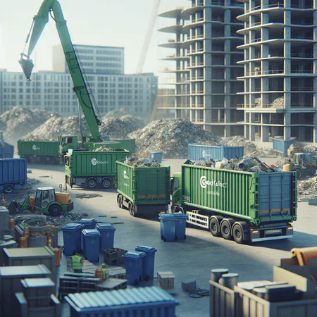 Abfallcontainer für Bauschutt steht mit Warnbaken auf einer deutschen Straße mit gültiger Stellgenehmigung