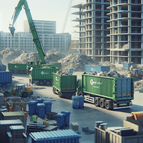 Abfallcontainer für Bauschutt steht mit Warnbaken auf einer deutschen Straße mit gültiger Stellgenehmigung